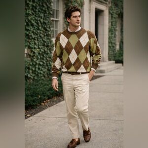 Vintage Argyle Sweater Brown Green Golf Knit Preppy Ivy Style Mens Large